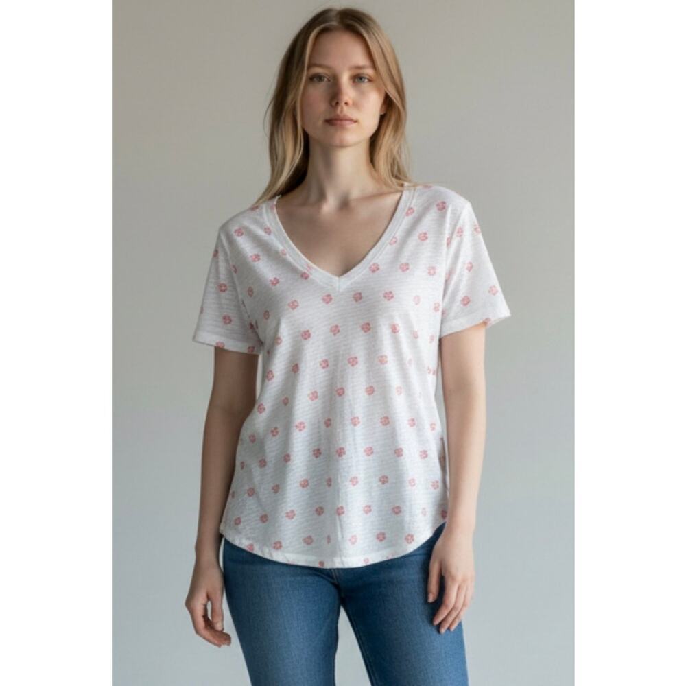 Bobi Los Angeles Hibiscus Print Slub Cotton V-Neck Tee Size Small NWT